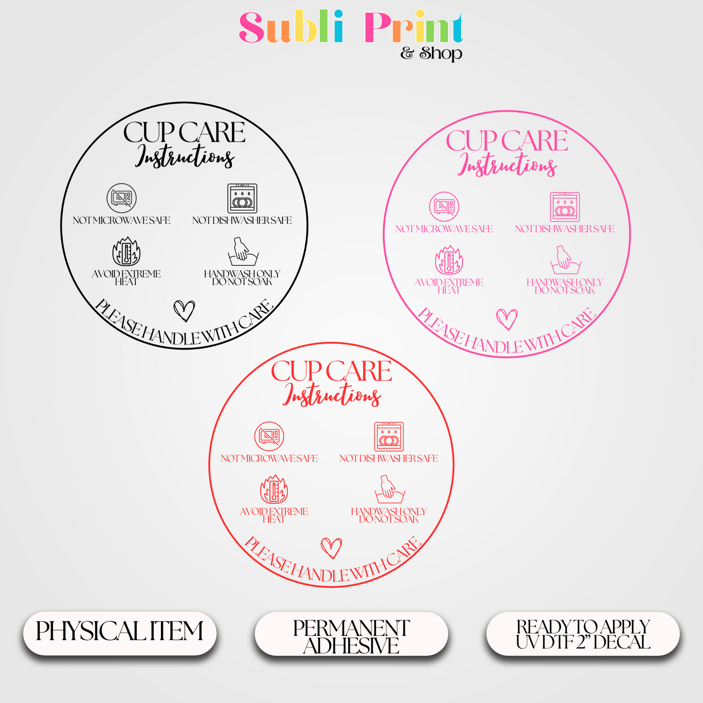 UV DTF Cup Care Decal Sized 2”x2”